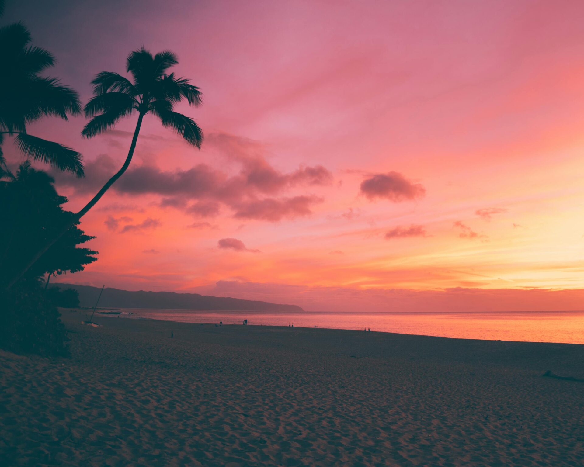 Experience the tranquil beauty of a Hawaiian sunset on a serene beach with palm trees.