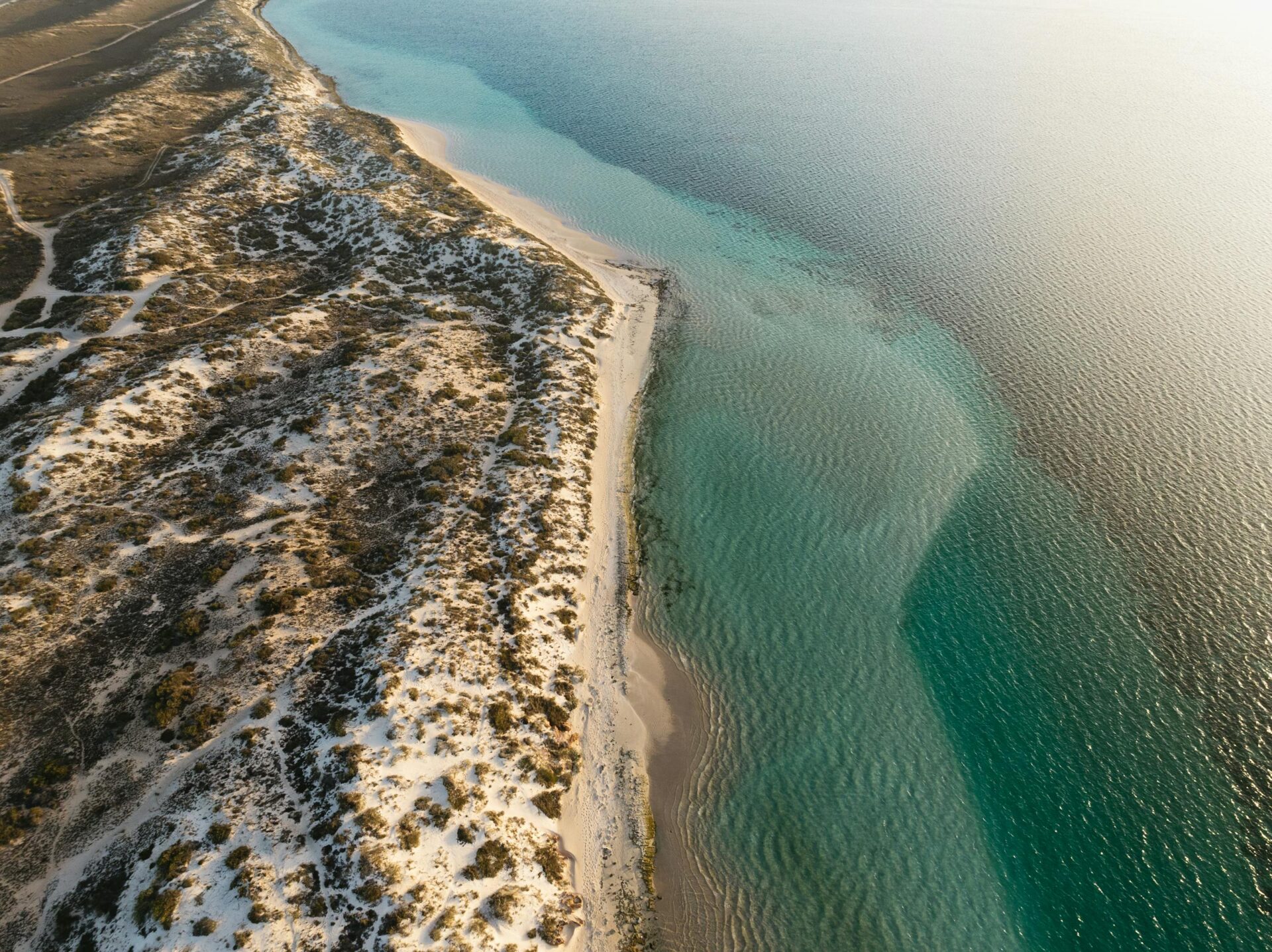 Stunning aerial shot of Coral Bay, WA showcasing emerald waters and sandy shores.