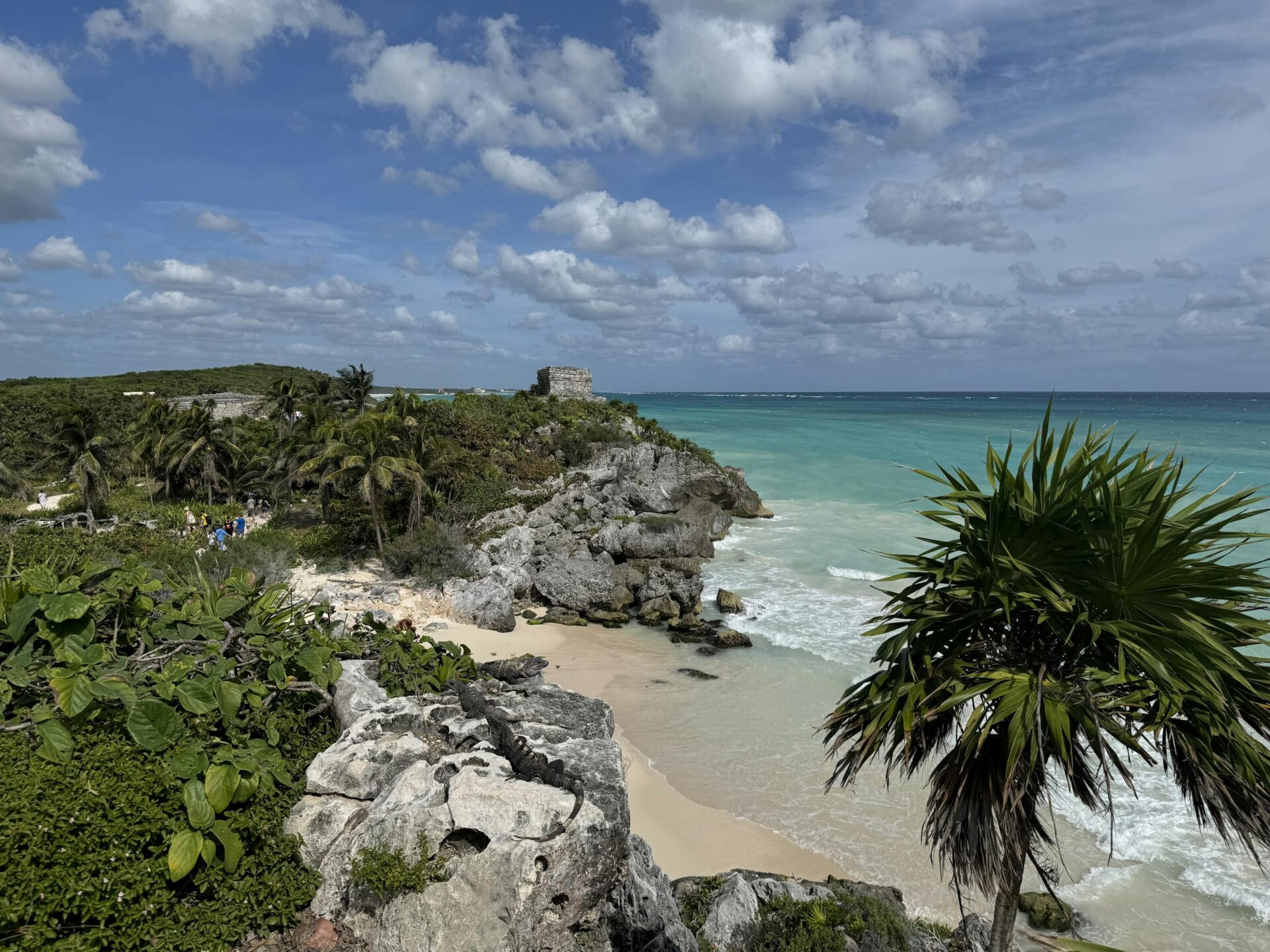 Stunning coastal view of Tulum Ruins with turquoise ocean and lush greenery.