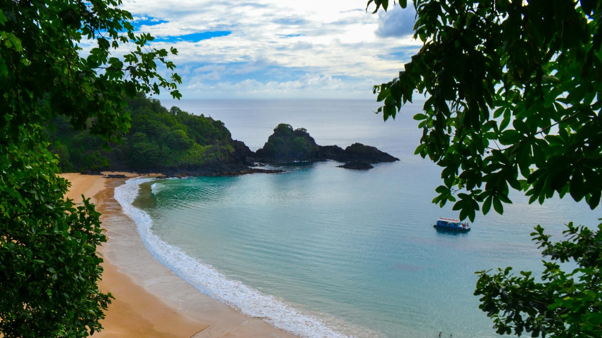 Tranquil beach setting at Praia do Sancho with calm waters and lush greenery.